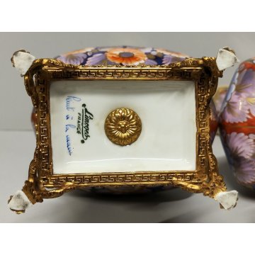 Limoges ANTICA COPPIA VASI PORCELLANA dipinto FIORI ORO Imari BRONZO DORATO