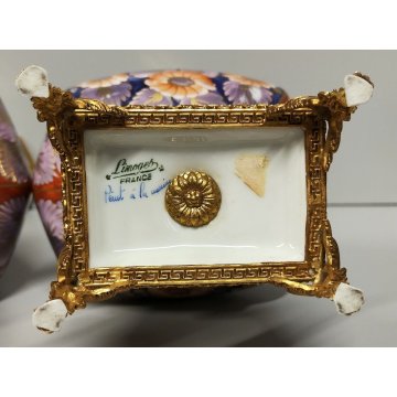 Limoges ANTICA COPPIA VASI PORCELLANA dipinto FIORI ORO Imari BRONZO DORATO