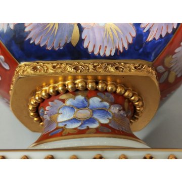 Limoges ANTICA COPPIA VASI PORCELLANA dipinto FIORI ORO Imari BRONZO DORATO