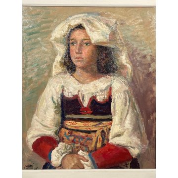 QUADRO DIPINTO OLIO TAVOLA "Alberto Salietti" RITRATTO RAGAZZA CON ABITO 1946