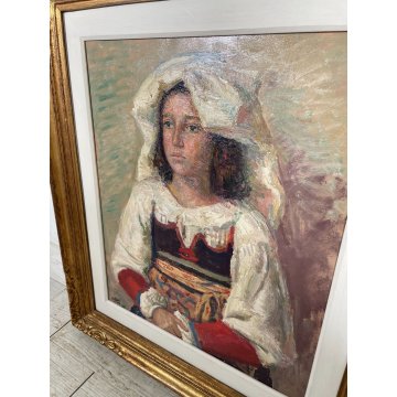 QUADRO DIPINTO OLIO TAVOLA "Alberto Salietti" RITRATTO RAGAZZA CON ABITO 1946