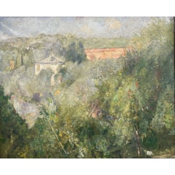 QUADRO DIPINTO OLIO TELA "Vittorio Agostino Castagneto" PAESAGGIO COLLINA ULIVI