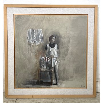 QUADRO DIPINTO TEMPERA TAVOLA " Giorgio Scalco" RITRATTO FIGURA DONNA SEDIA 1989