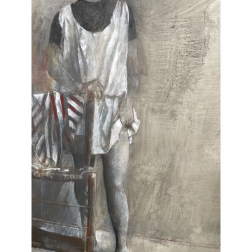 QUADRO DIPINTO TEMPERA TAVOLA " Giorgio Scalco" RITRATTO FIGURA DONNA SEDIA 1989