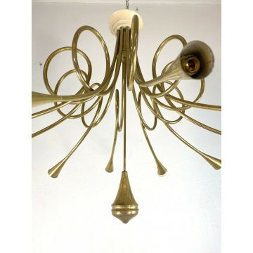LAMPADARIO SOFFITTO HANGING LAMP 10 LUMI OTTONE Angelo Lelli MODERNISTA '50