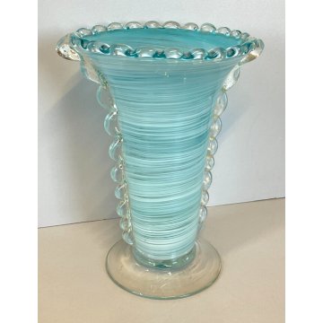 ANTICO VASO VETRO MURANO AURELIANO TOSO FILIGRANA VASE ITALIA SPIRALE AZZURRO