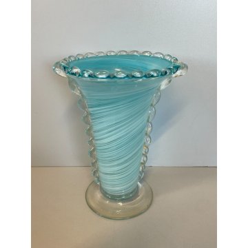 ANTICO VASO VETRO MURANO AURELIANO TOSO FILIGRANA VASE ITALIA SPIRALE AZZURRO