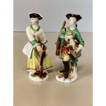 COPPIA FIGURINA MINIATURA PORCELLANA Meissen HUNTER  & LADY with RIFLE 8cm/h '50