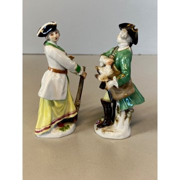 COPPIA FIGURINA MINIATURA PORCELLANA Meissen HUNTER  & LADY with RIFLE 8cm/h '50