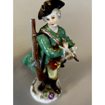 COPPIA FIGURINA MINIATURA PORCELLANA Meissen HUNTER  & LADY with RIFLE 8cm/h '50