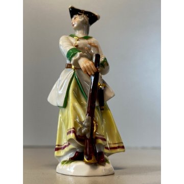 COPPIA FIGURINA MINIATURA PORCELLANA Meissen HUNTER  & LADY with RIFLE 8cm/h '50