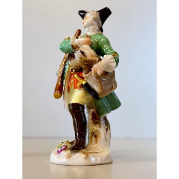 COPPIA FIGURINA MINIATURA PORCELLANA Meissen HUNTER  & LADY with RIFLE 8cm/h '50