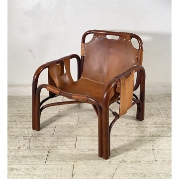 POLTRONA DESIGN ANNI 60 Tito Agnoli MOD Safari BAMBU CUOIO SEDIA ARMCHAIR