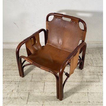 POLTRONA DESIGN ANNI 60 Tito Agnoli MOD Safari BAMBU CUOIO SEDIA ARMCHAIR