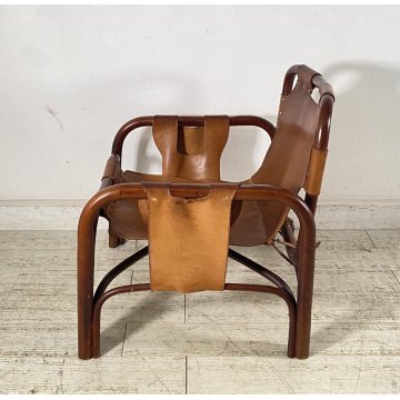 POLTRONA DESIGN ANNI 60 Tito Agnoli MOD Safari BAMBU CUOIO SEDIA ARMCHAIR