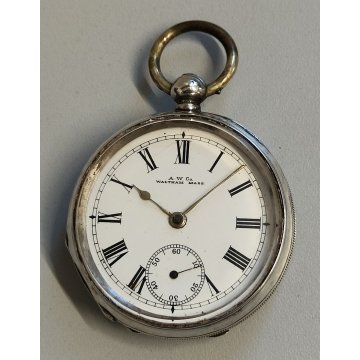 ANTICO OROLOGIO TASCA A.W.Co. Waltham Mass ARGENTO OLD SILVER POCKET WATCH + BOX