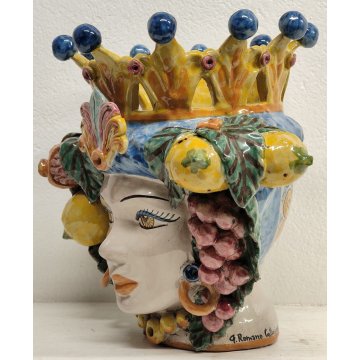 GRANDE VASO Testa Moro DONNA CERAMICA Caltagirone DIPINTO G. Romano SICILIA h 34