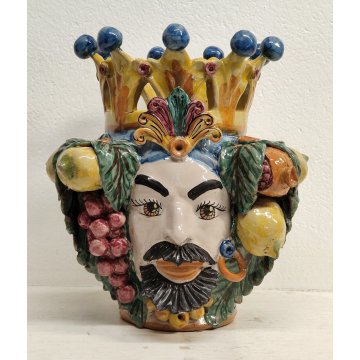 GRANDE VASO Testa Moro UOMO CERAMICA Caltagirone DIPINTO G. Romano SICILIA h 34