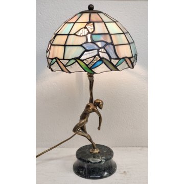 LAMPADA TAVOLO Art Nouveau PARALUME Stile Tiffany SCULTURA BRONZO Vetro Piombato