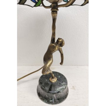 LAMPADA TAVOLO Art Nouveau PARALUME Stile Tiffany SCULTURA BRONZO Vetro Piombato