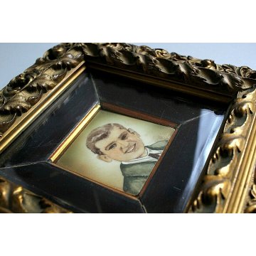 DIPINTO SU CERAMICA RITRATTO CORNICE PORTAFOTO LEGNO ORNATO DORATO TRAFORATO