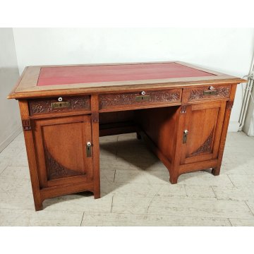 ANTICO SCRITTOIO Liberty EPOCA 1900 SCRIVANIA da CENTRO legno ROVERE PELLE desk