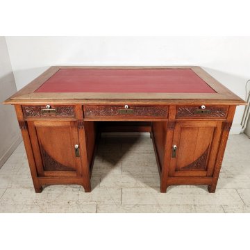 ANTICO SCRITTOIO Liberty EPOCA 1900 SCRIVANIA da CENTRO legno ROVERE PELLE desk