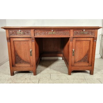 ANTICO SCRITTOIO Liberty EPOCA 1900 SCRIVANIA da CENTRO legno ROVERE PELLE desk