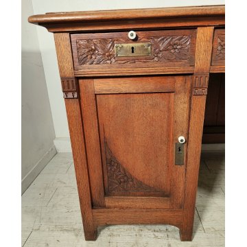 ANTICO SCRITTOIO Liberty EPOCA 1900 SCRIVANIA da CENTRO legno ROVERE PELLE desk