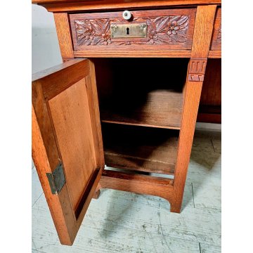 ANTICO SCRITTOIO Liberty EPOCA 1900 SCRIVANIA da CENTRO legno ROVERE PELLE desk