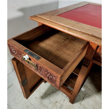 ANTICO SCRITTOIO Liberty EPOCA 1900 SCRIVANIA da CENTRO legno ROVERE PELLE desk