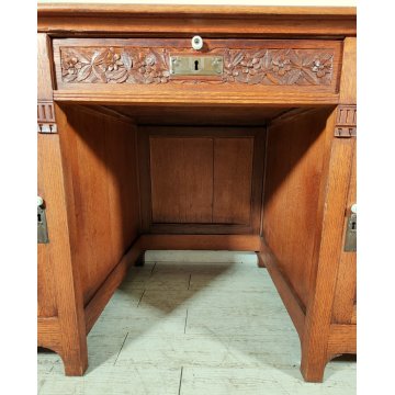 ANTICO SCRITTOIO Liberty EPOCA 1900 SCRIVANIA da CENTRO legno ROVERE PELLE desk