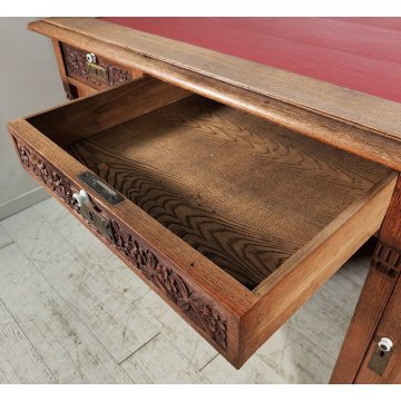 ANTICO SCRITTOIO Liberty EPOCA 1900 SCRIVANIA da CENTRO legno ROVERE PELLE desk