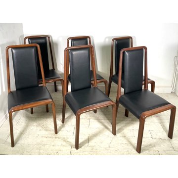 SET 6 SEDIE TAVOLO PRANZO DESIGN VINTAGE LEGNO CURVATO PELLE NERA SALOTTO 1990