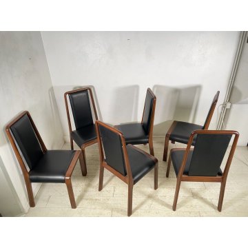 SET 6 SEDIE TAVOLO PRANZO DESIGN VINTAGE LEGNO CURVATO PELLE NERA SALOTTO 1990