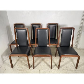 SET 6 SEDIE TAVOLO PRANZO DESIGN VINTAGE LEGNO CURVATO PELLE NERA SALOTTO 1990