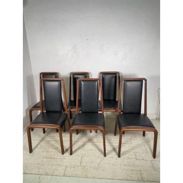 SET 6 SEDIE TAVOLO PRANZO DESIGN VINTAGE LEGNO CURVATO PELLE NERA SALOTTO 1990