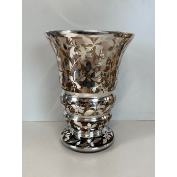 VASO VINTAGE VETRO FUME' DECORO MOTIVO FLOREALE ARGENTATO 20,5 x 27,5 cm/h