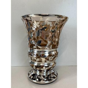 VASO VINTAGE VETRO FUME' DECORO MOTIVO FLOREALE ARGENTATO 20,5 x 27,5 cm/h