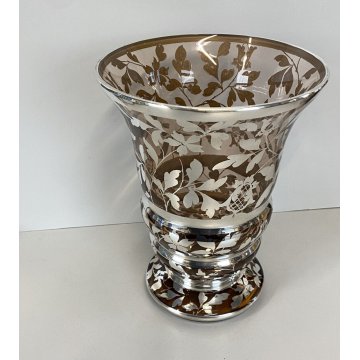 VASO VINTAGE VETRO FUME' DECORO MOTIVO FLOREALE ARGENTATO 20,5 x 27,5 cm/h