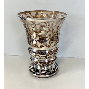 VASO VINTAGE VETRO FUME' DECORO MOTIVO FLOREALE ARGENTATO 20,5 x 27,5 cm/h