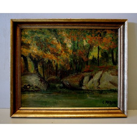 ANTICO QUADRO DIPINTO OLIO TAVOLA C.Morosini PAESAGGIO BOSCO LAGO MONTANO '900