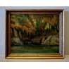ANTICO QUADRO DIPINTO OLIO TAVOLA C.Morosini PAESAGGIO BOSCO LAGO MONTANO '900