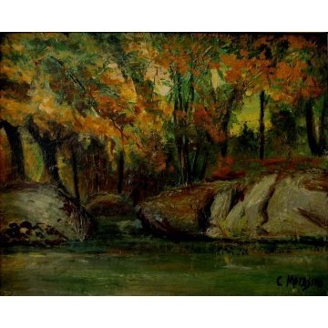 ANTICO QUADRO DIPINTO OLIO TAVOLA C.Morosini PAESAGGIO BOSCO LAGO MONTANO '900