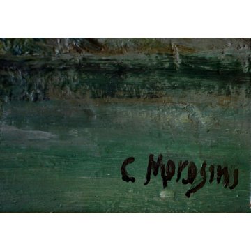 ANTICO QUADRO DIPINTO OLIO TAVOLA C.Morosini PAESAGGIO BOSCO LAGO MONTANO '900