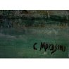 ANTICO QUADRO DIPINTO OLIO TAVOLA C.Morosini PAESAGGIO BOSCO LAGO MONTANO '900