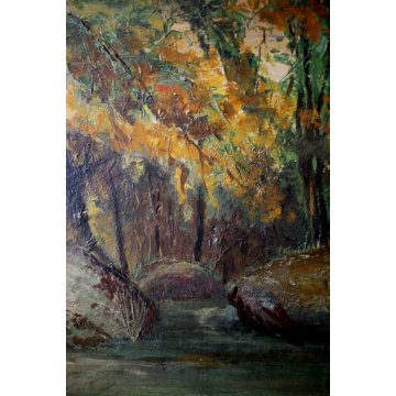 ANTICO QUADRO DIPINTO OLIO TAVOLA C.Morosini PAESAGGIO BOSCO LAGO MONTANO '900