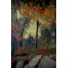 ANTICO QUADRO DIPINTO OLIO TAVOLA C.Morosini PAESAGGIO BOSCO LAGO MONTANO '900