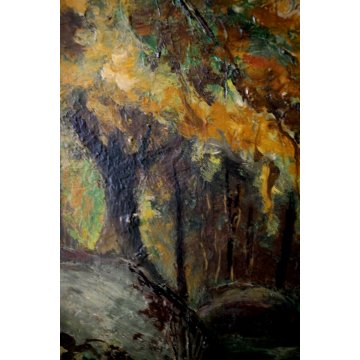 ANTICO QUADRO DIPINTO OLIO TAVOLA C.Morosini PAESAGGIO BOSCO LAGO MONTANO '900
