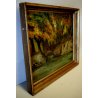 ANTICO QUADRO DIPINTO OLIO TAVOLA C.Morosini PAESAGGIO BOSCO LAGO MONTANO '900